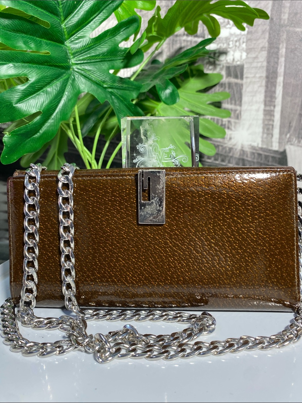 Authentic Gucci Rare Metallic Bronze Patent Leather Long Wallet